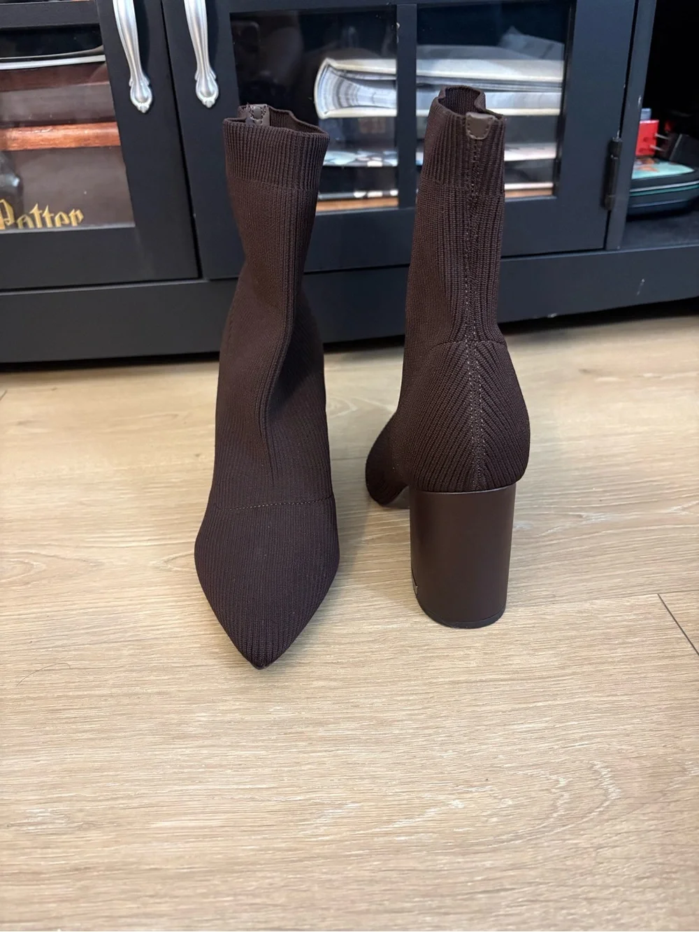 Calvin Klein Brown Stretch-Knit Pointed Toe Ankle Boots